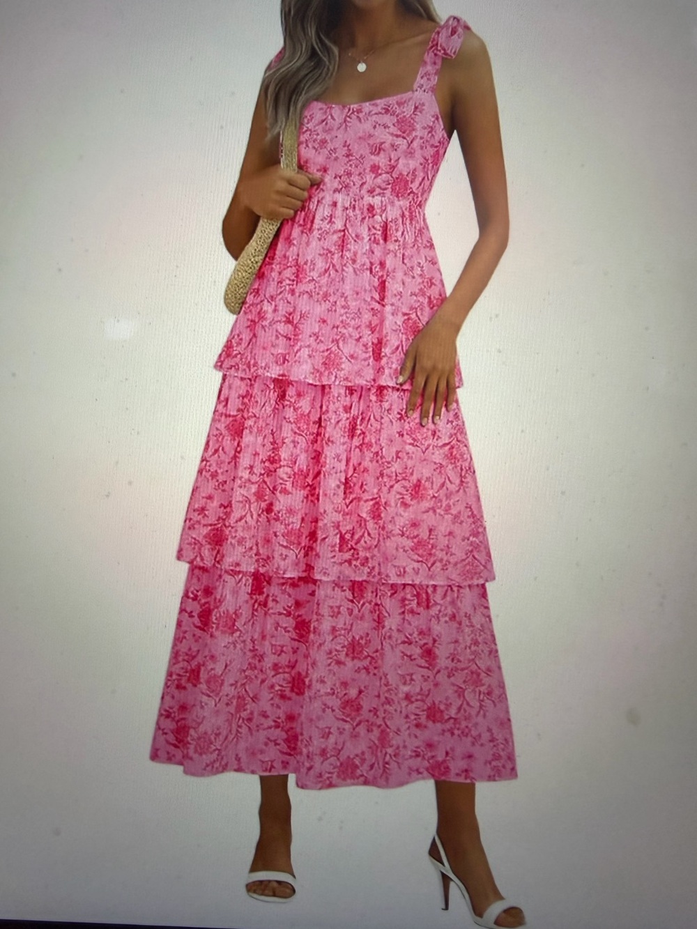 Tiered Pink Floral Maxi Dress with Tie Straps - NWT - Size M